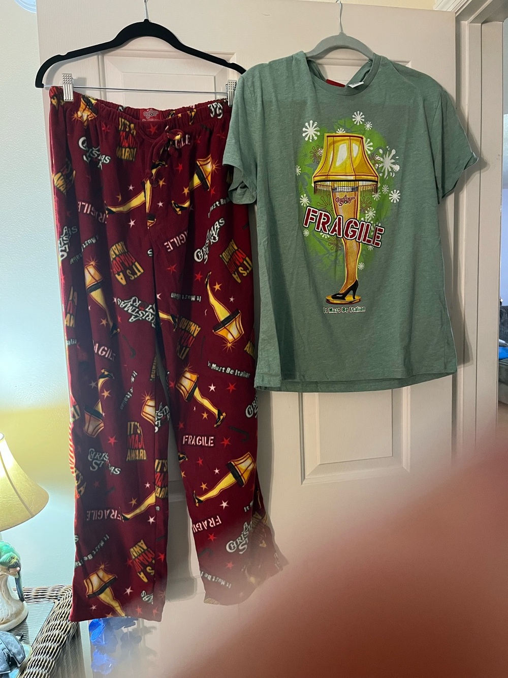 Green "Fragile" Kids Pajama Set with Maroon Lamp-Print Pants